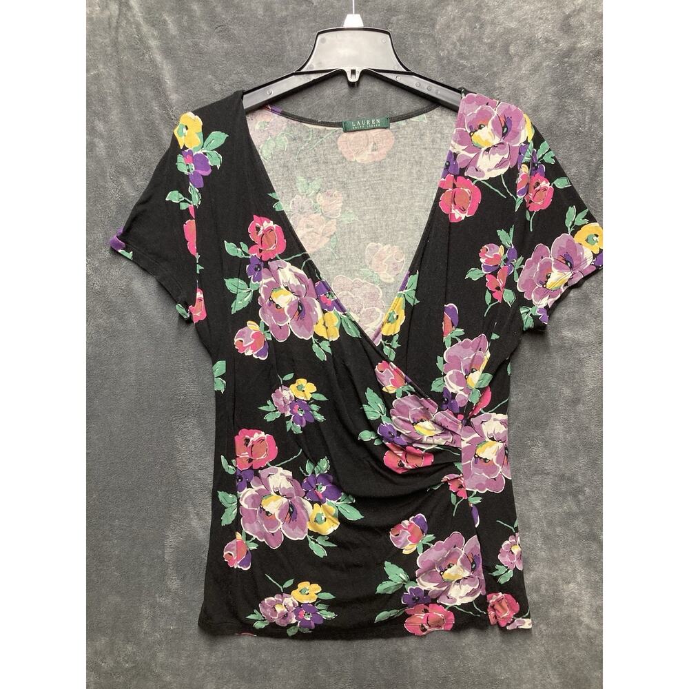 Lauren Ralph Lauren Faux Wrap Top Sz S Black Floral Print Stretch Side Ruching